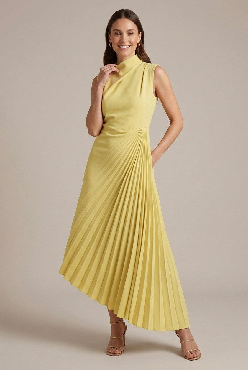 High Neck Pleated Midi Dress