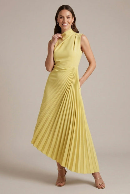 High Neck Pleated Midi Dress