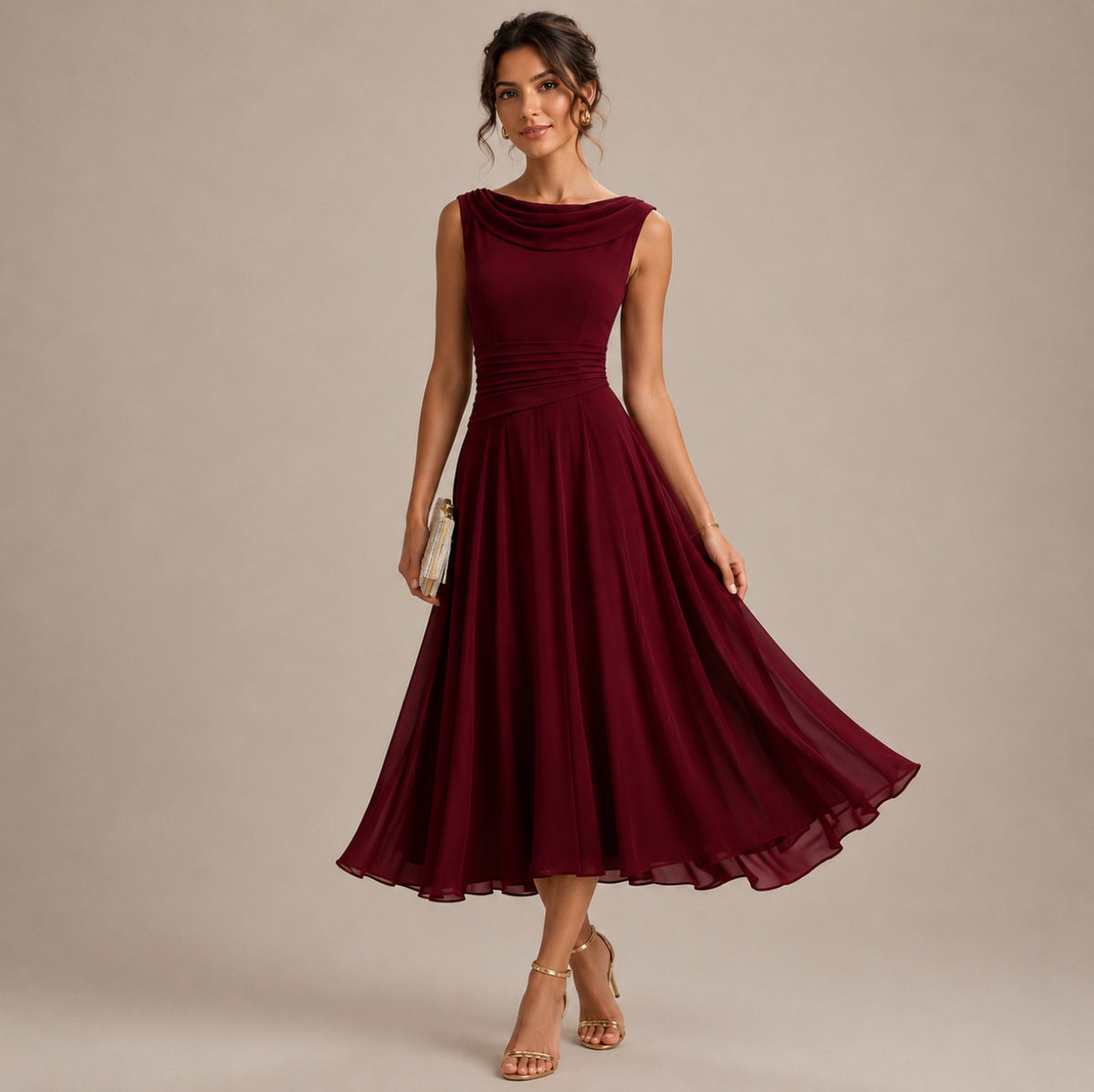 Cowl Neck Pleated Midi Dress