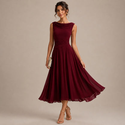 Cowl Neck Pleated Midi Dress