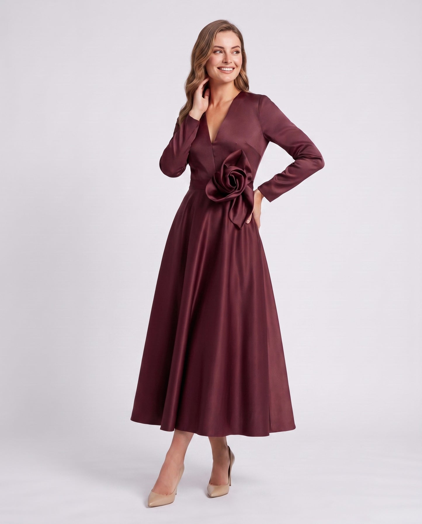 Satin Long Sleeve Midi Dress