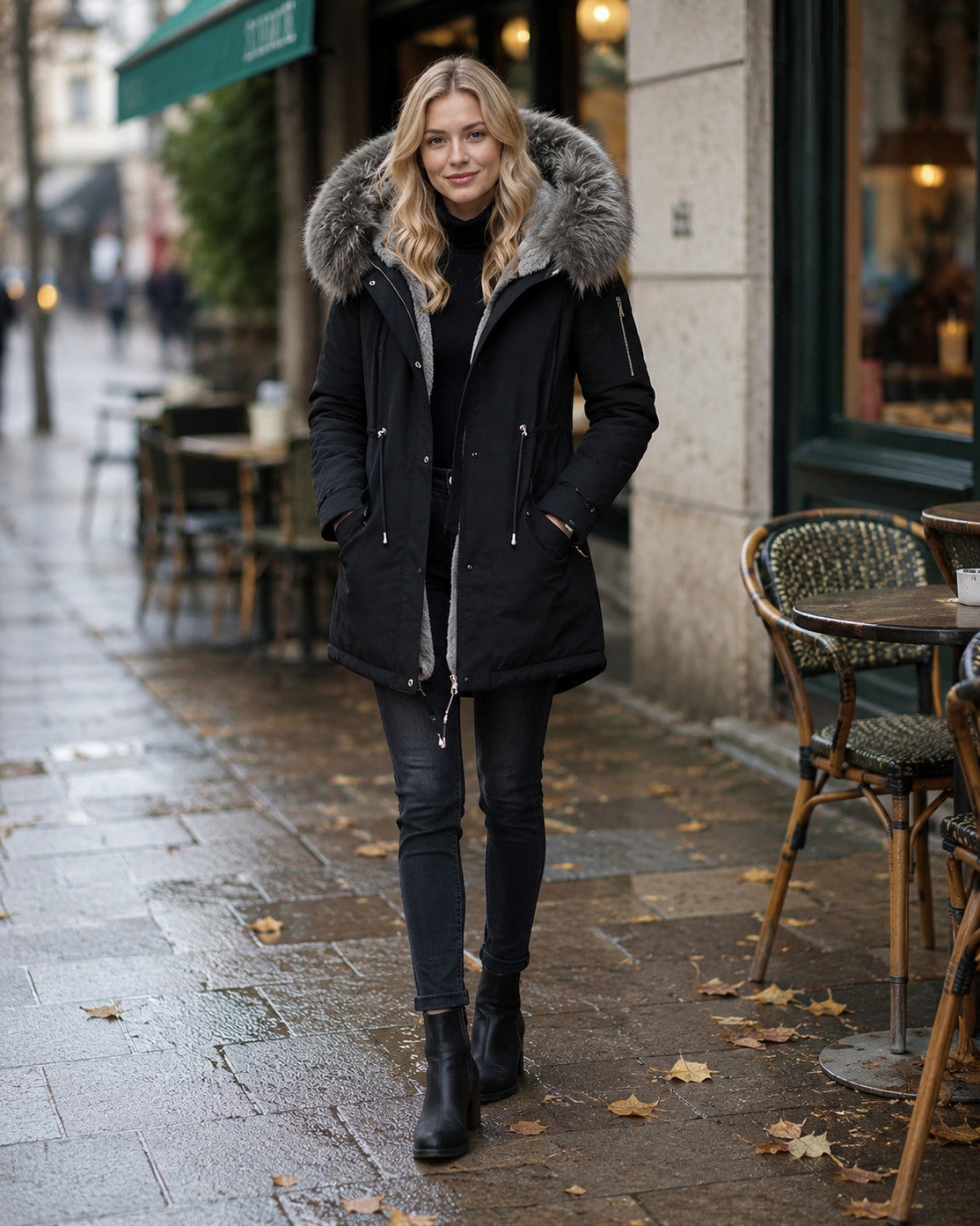 Hooded Faux Fur Trim Parka