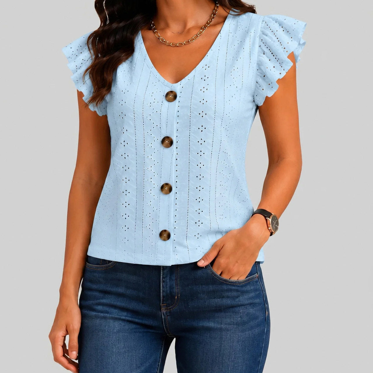 Broderie Ruffle Button Blouse