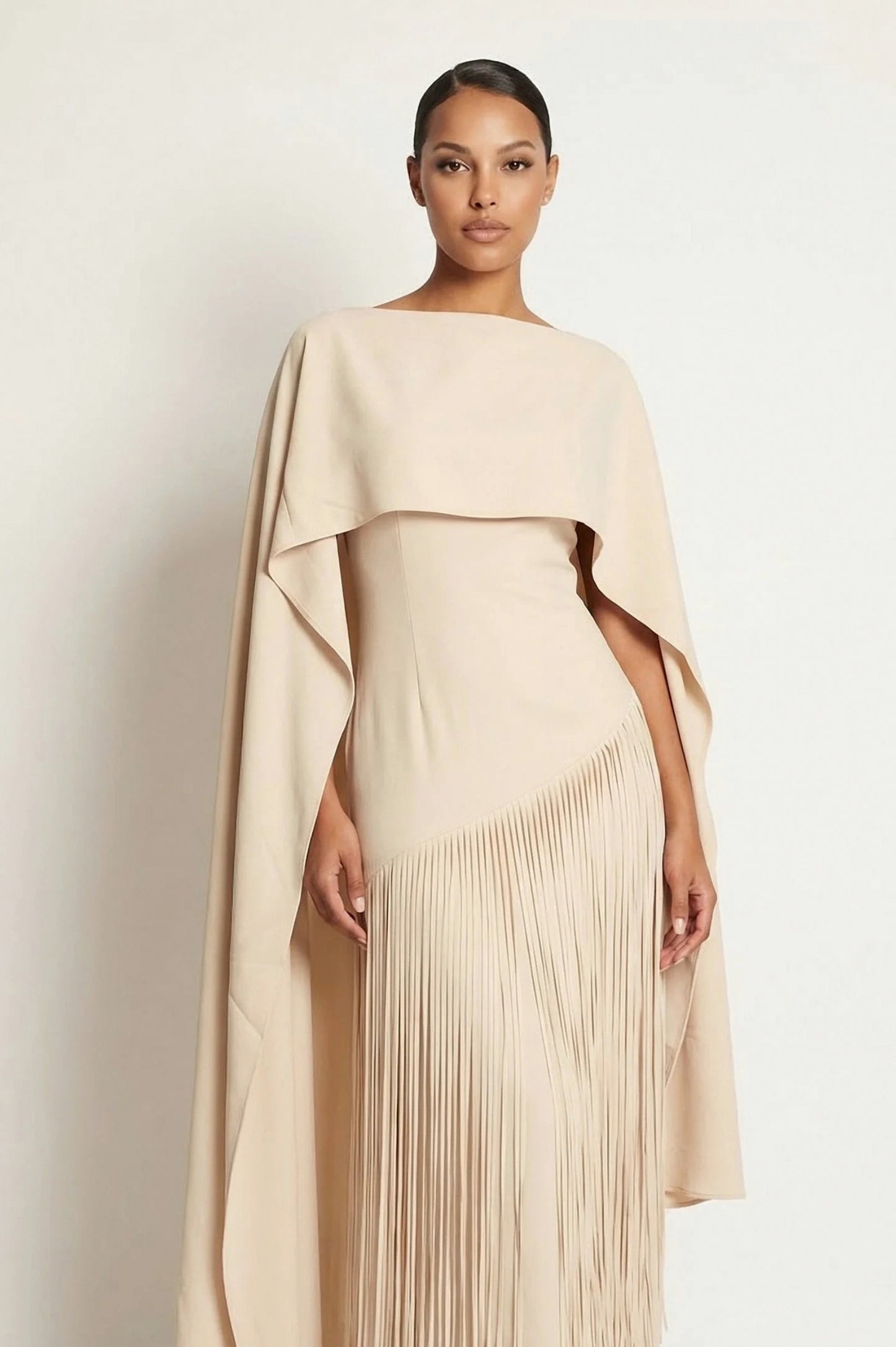 Cape Overlay Fringe Maxi Dress