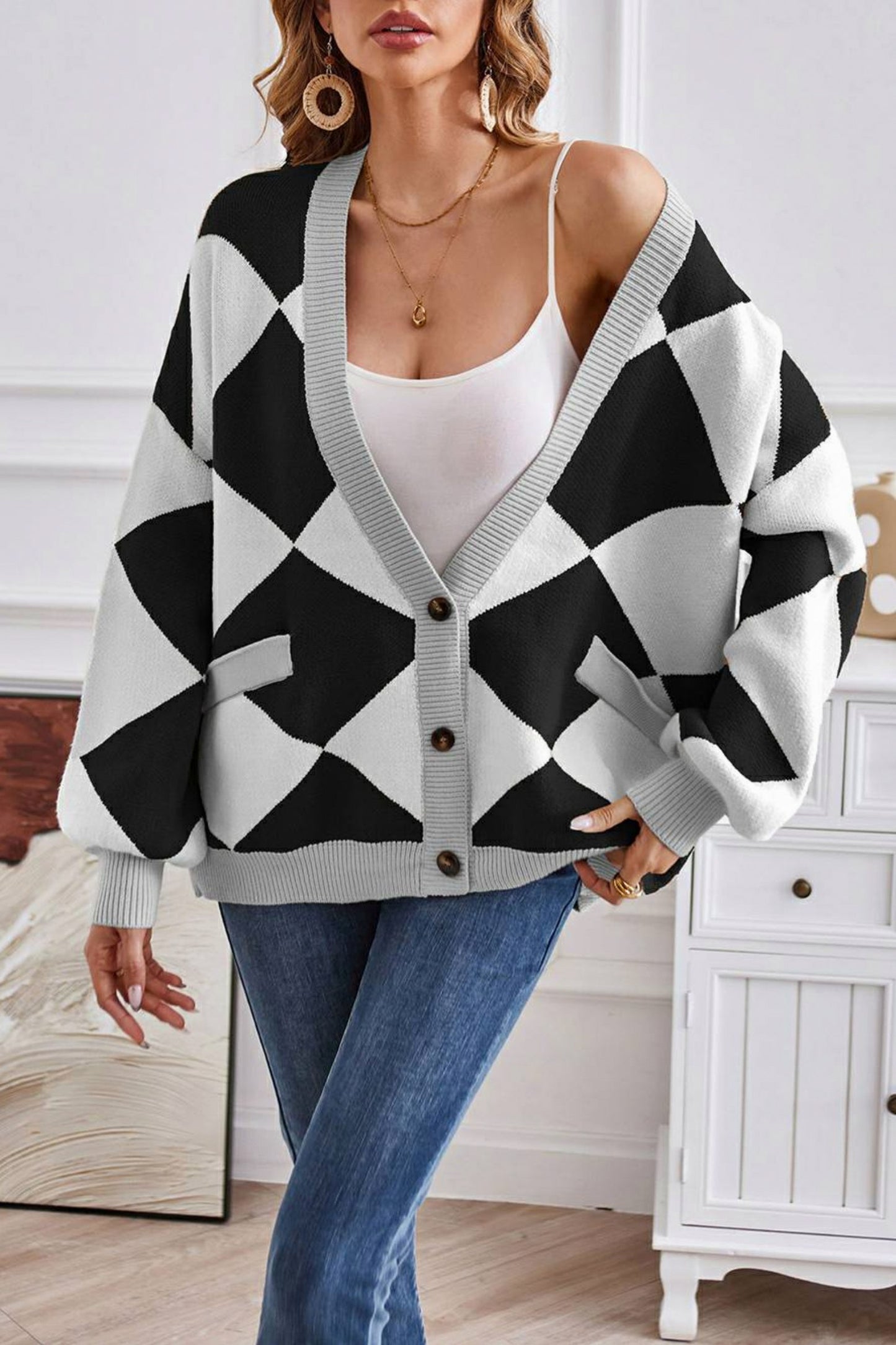 Geometric Knit Button Front Cardigan