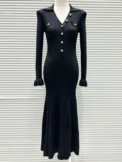 Ribbed Knit Button Front Midi Dress