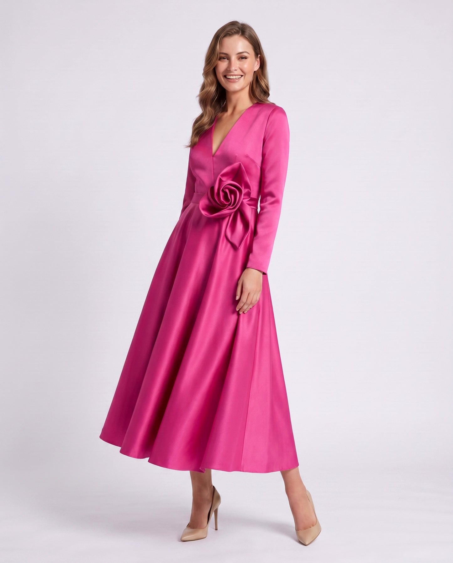 Satin Long Sleeve Midi Dress