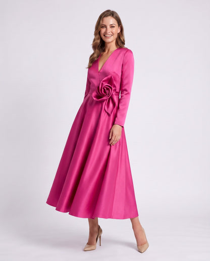 Satin Long Sleeve Midi Dress