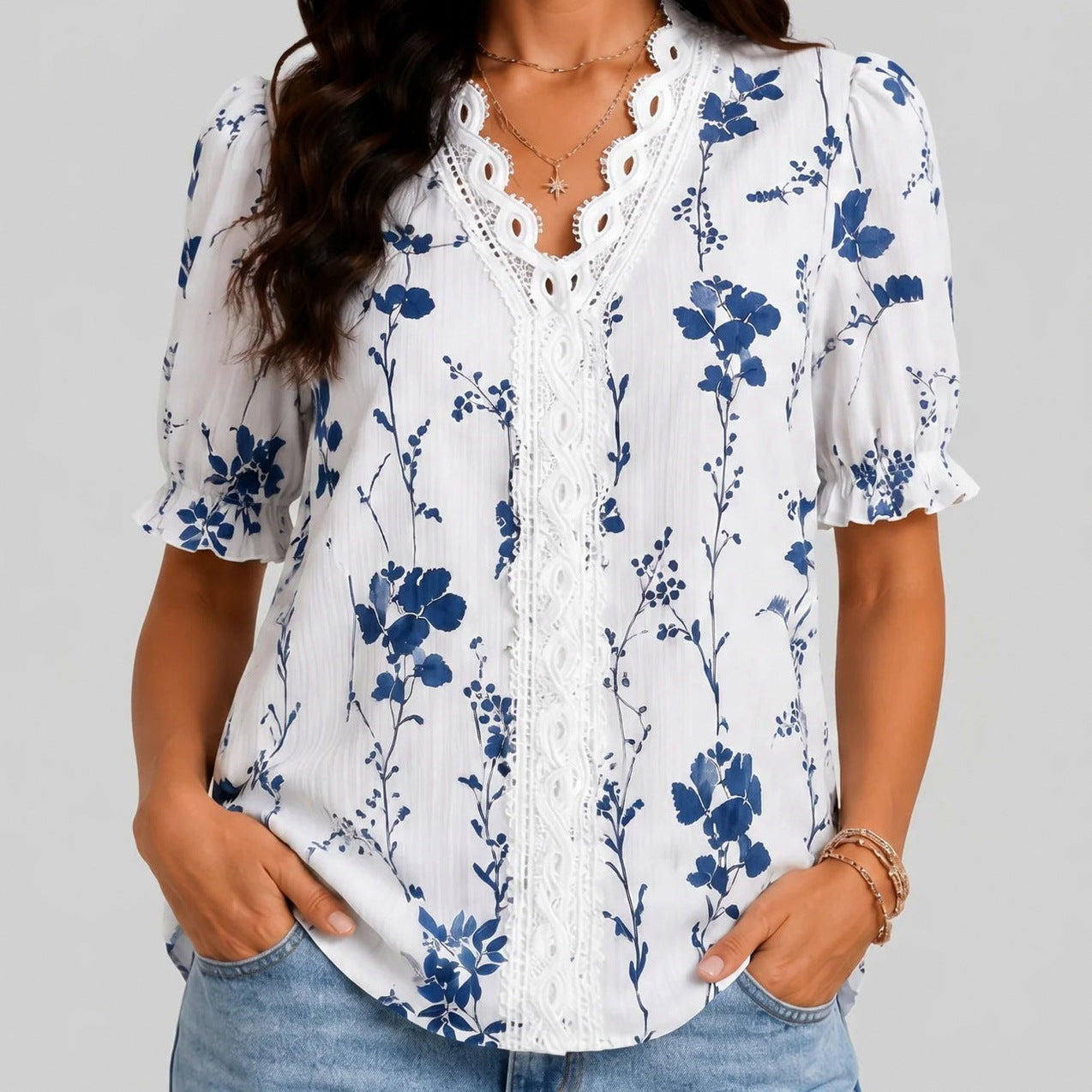 Floral Lace Trim Ruffle Blouse