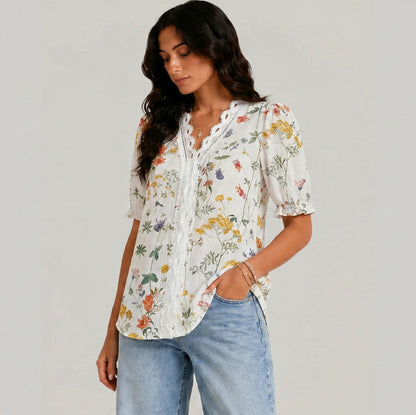 Floral Lace Trim Ruffle Blouse