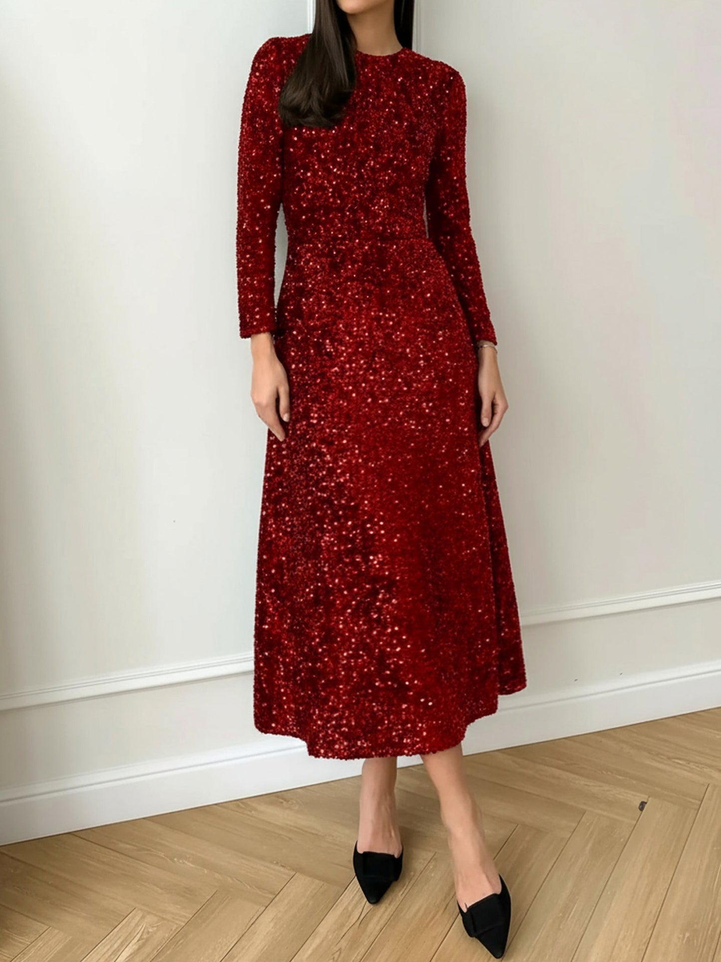Sequin Long Sleeve Midi Dress