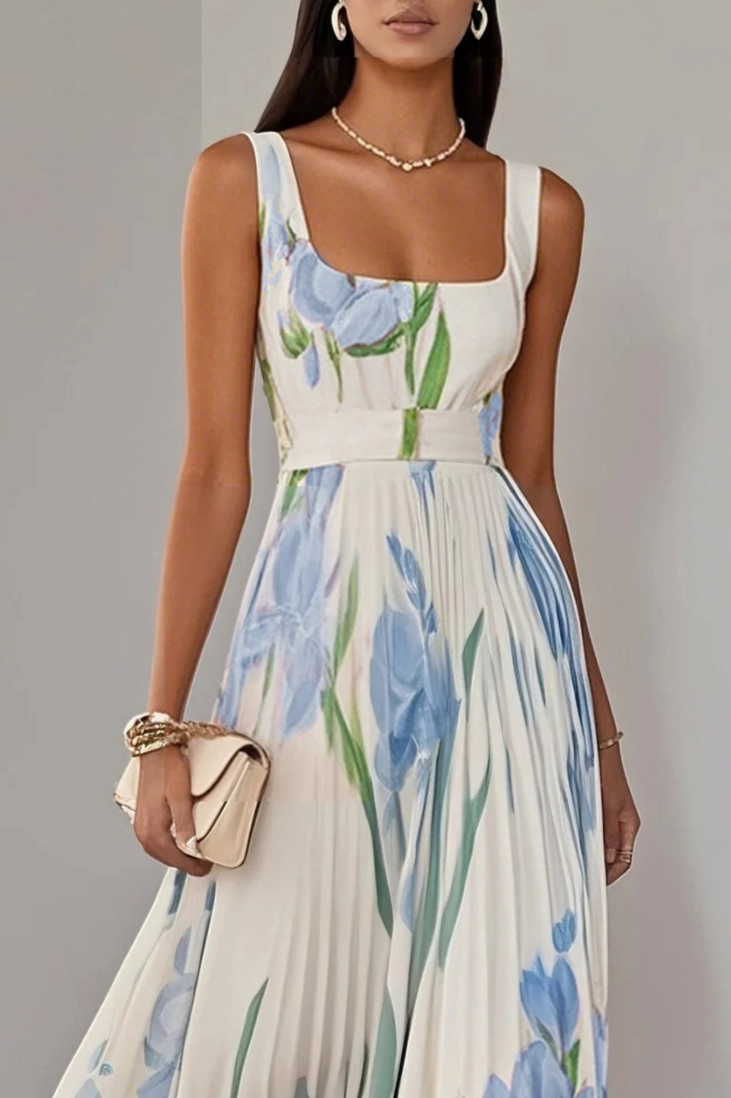 Floral Pleated Belted Maxi Dress