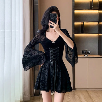 Velvet Damask Flared Sleeve Mini Dress