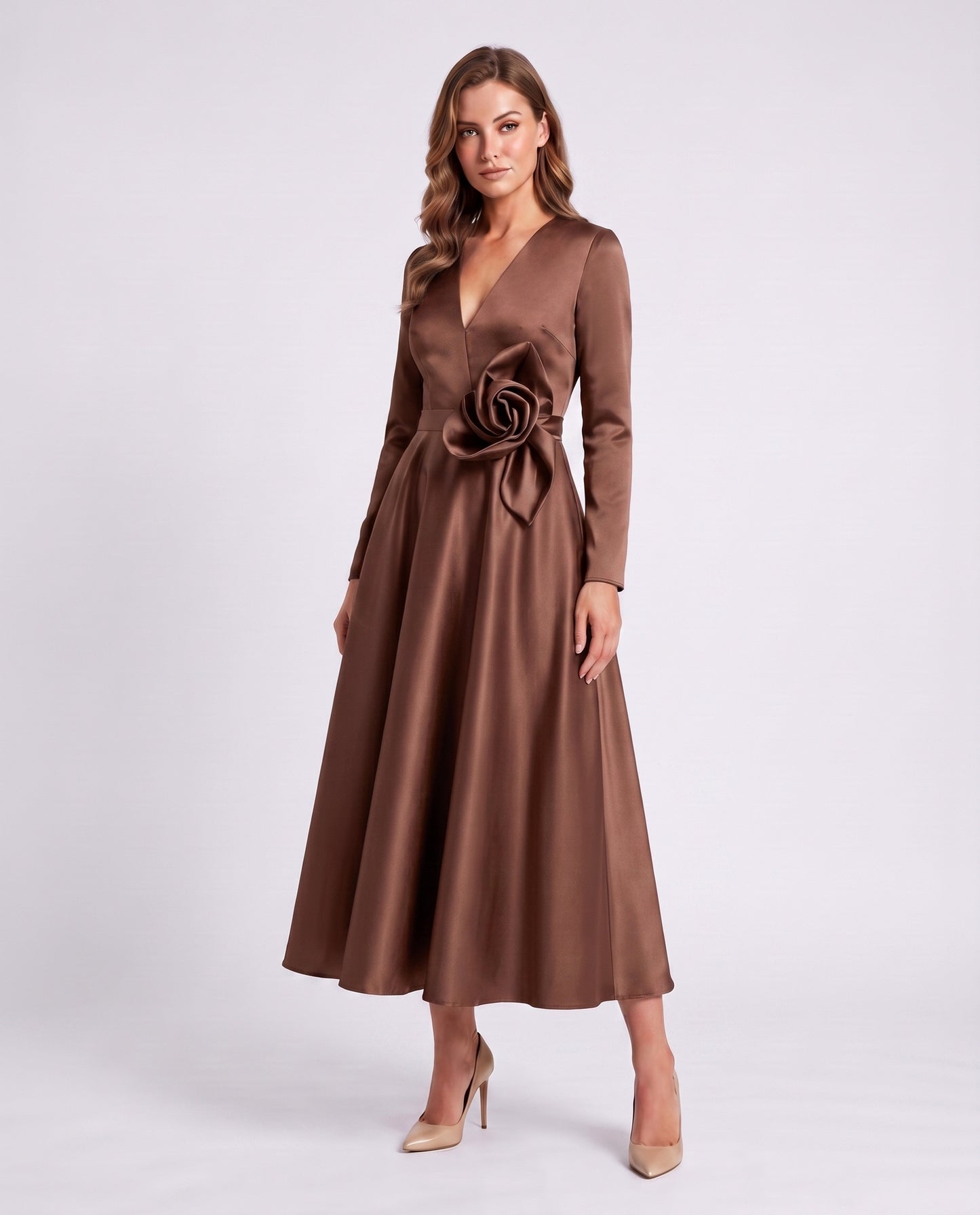 Satin Long Sleeve Midi Dress