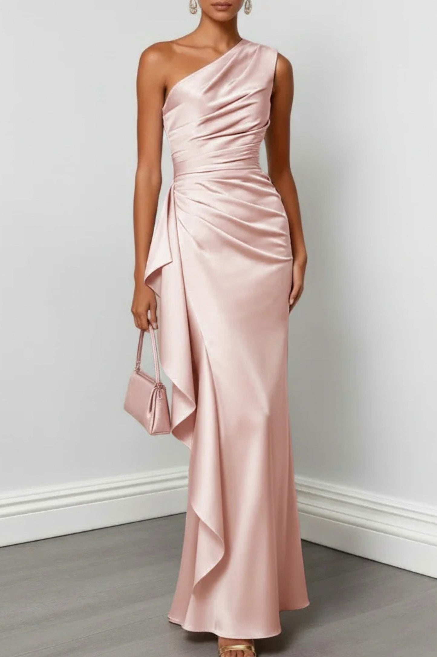 Satin One Shoulder Ruched Gown