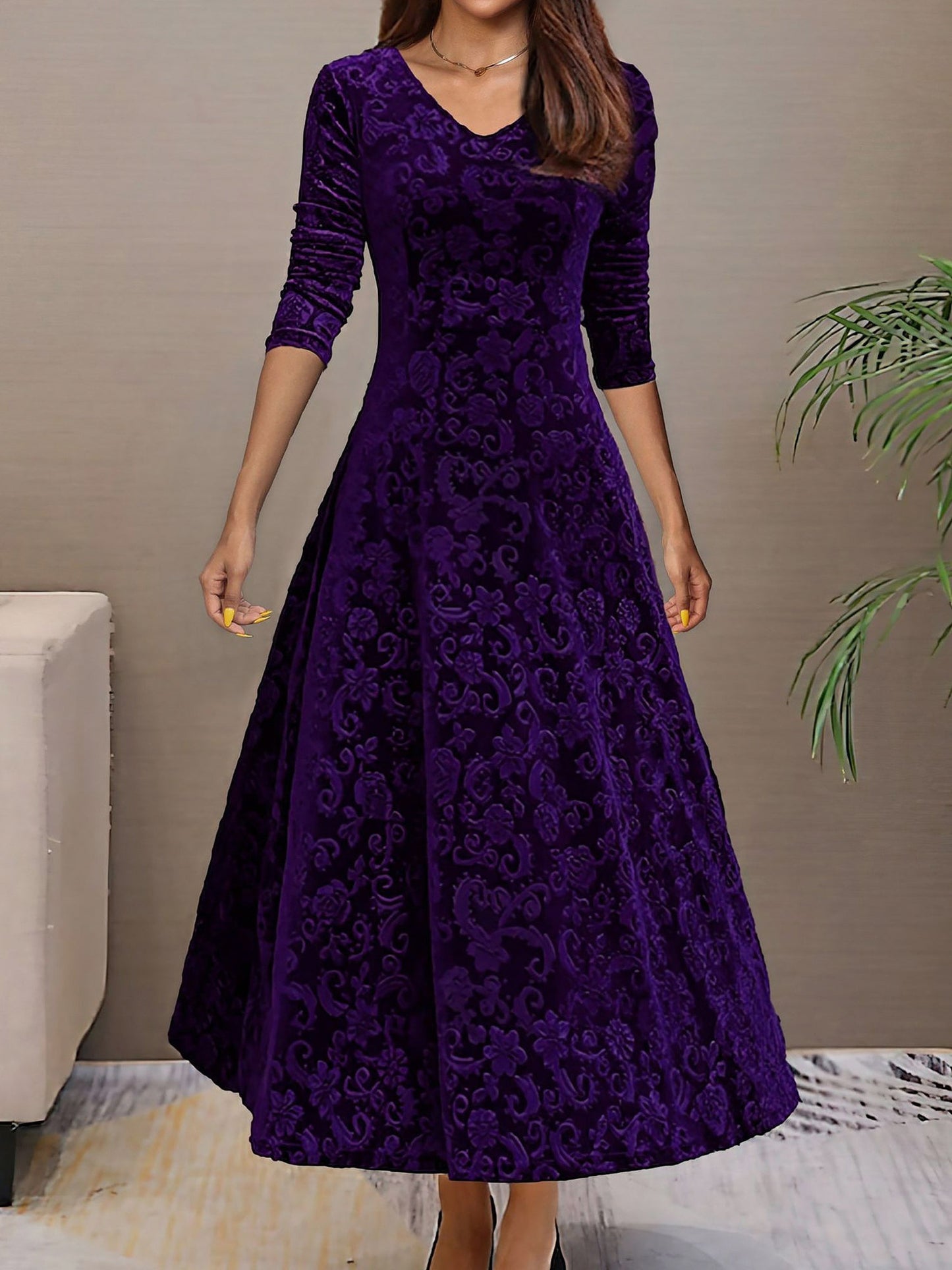 Textured Velvet Long Sleeve Maxi Dress