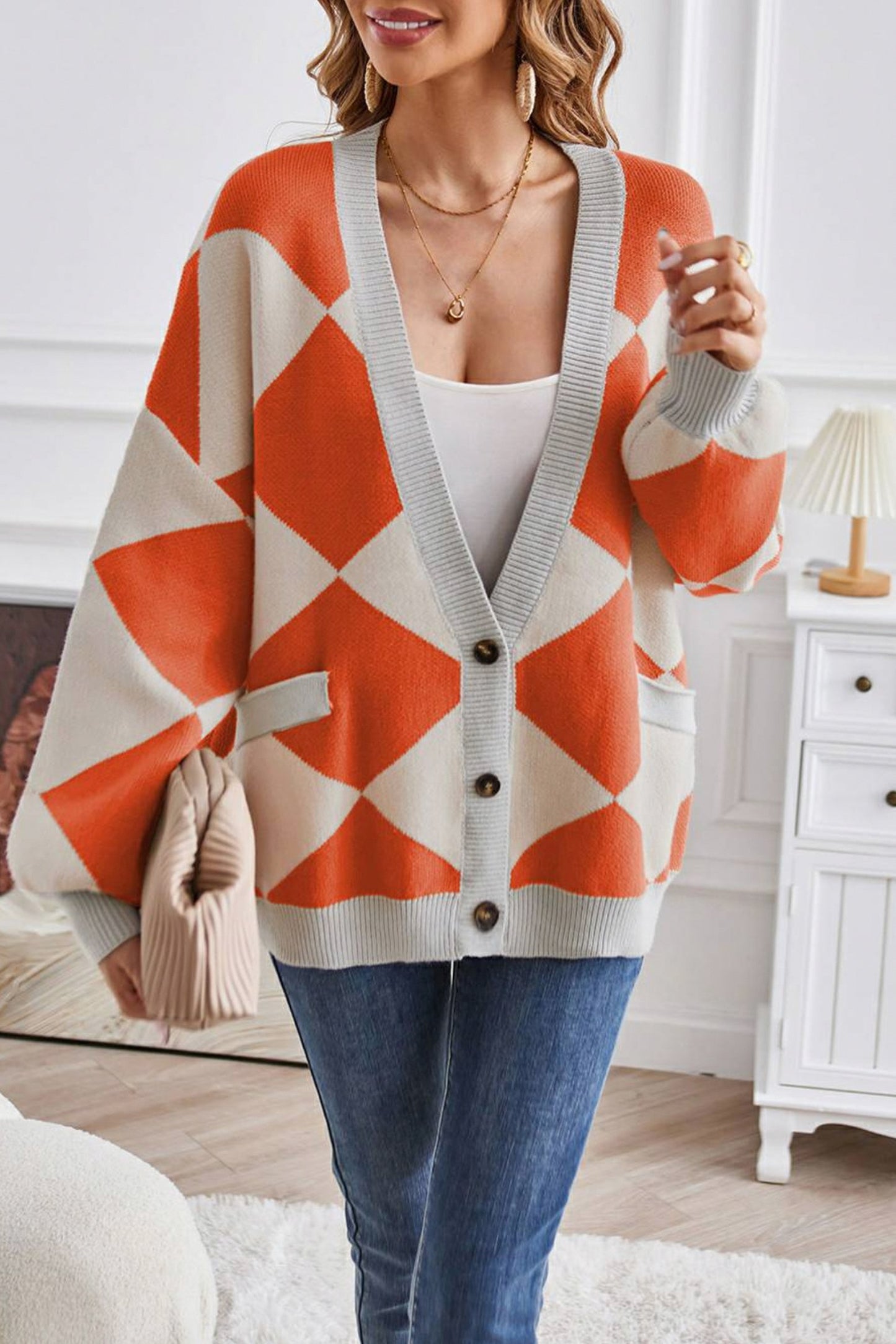 Geometric Knit Button Front Cardigan