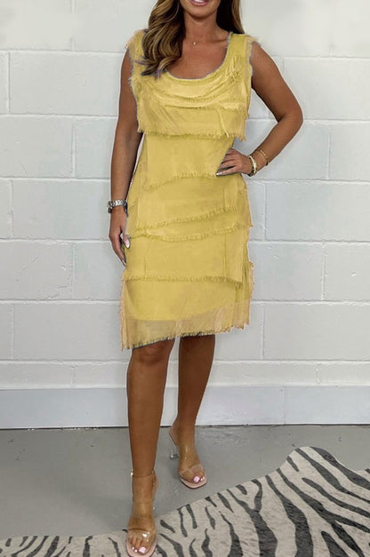 Relaxed Tiered Fringe Sleeveless Midi Dress