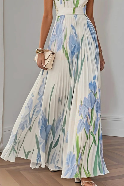 Floral Pleated Belted Maxi Dress