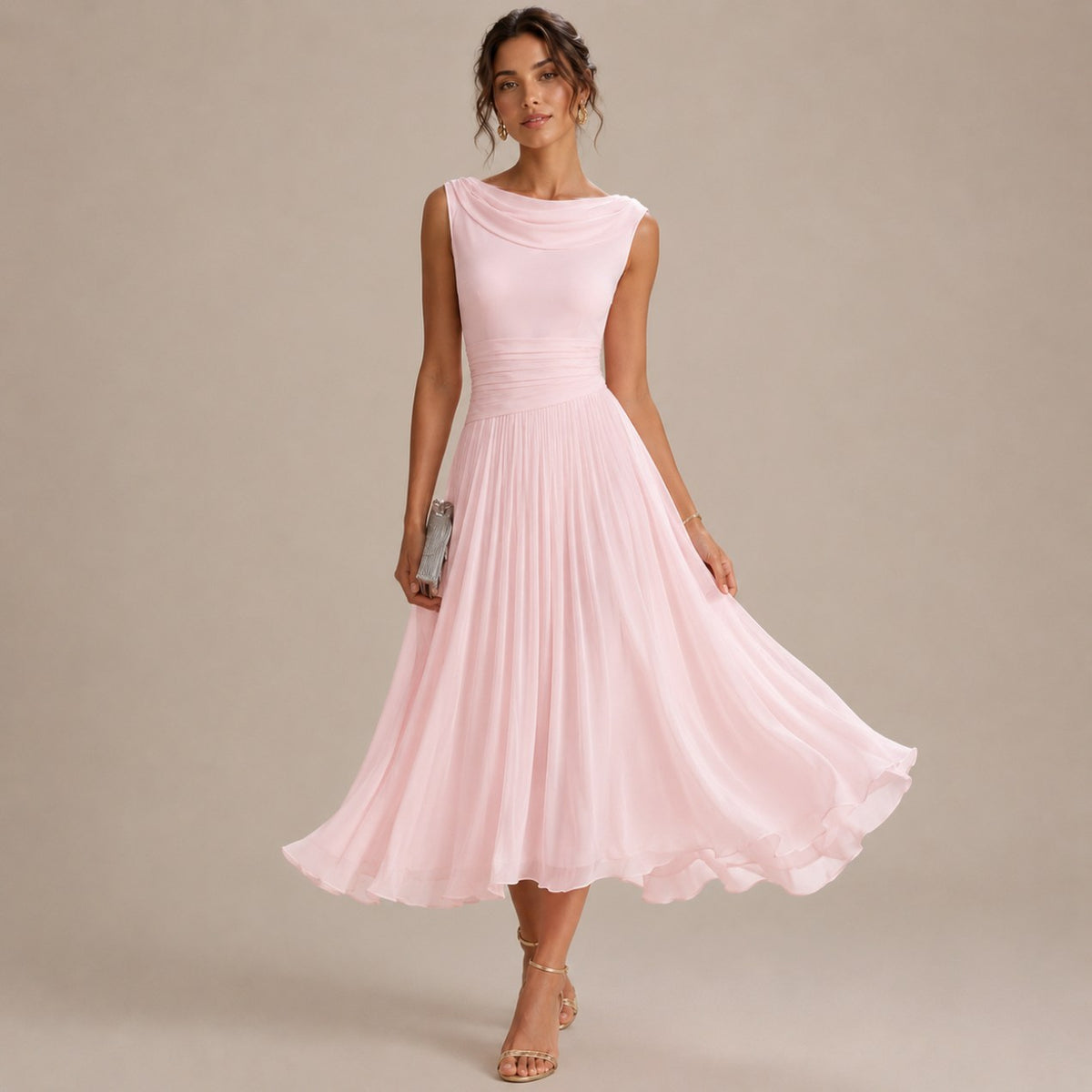 Cowl Neck Pleated Midi Dress