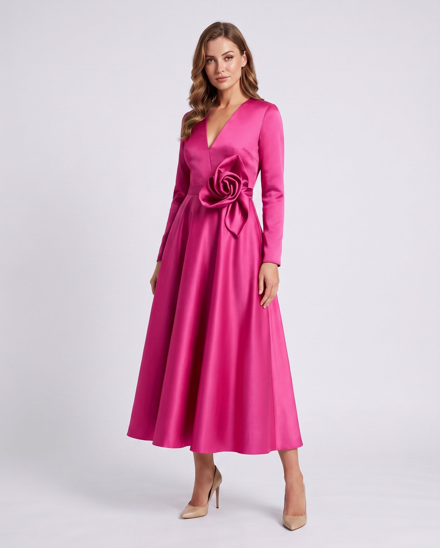 Satin Long Sleeve Midi Dress
