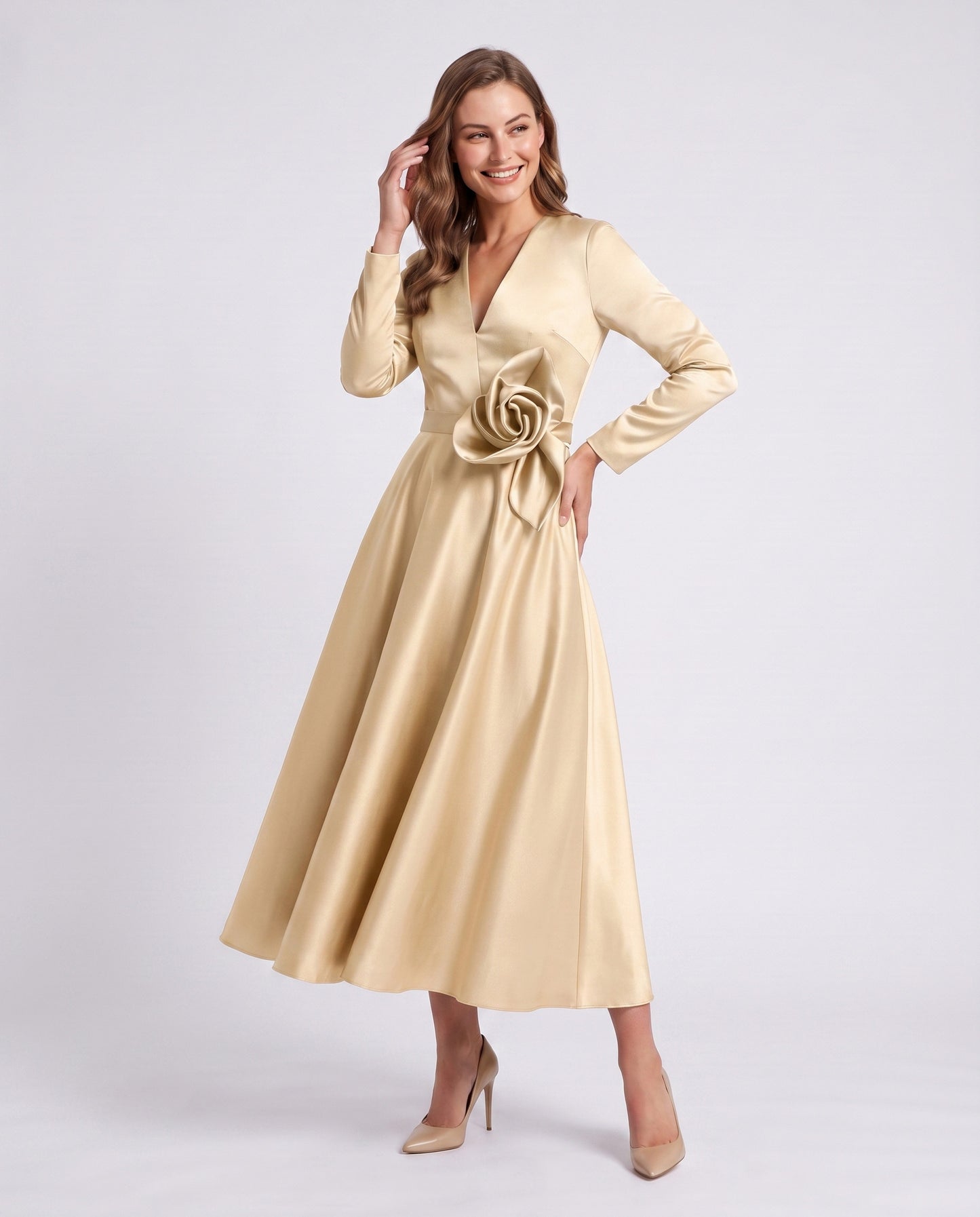 Satin Long Sleeve Midi Dress