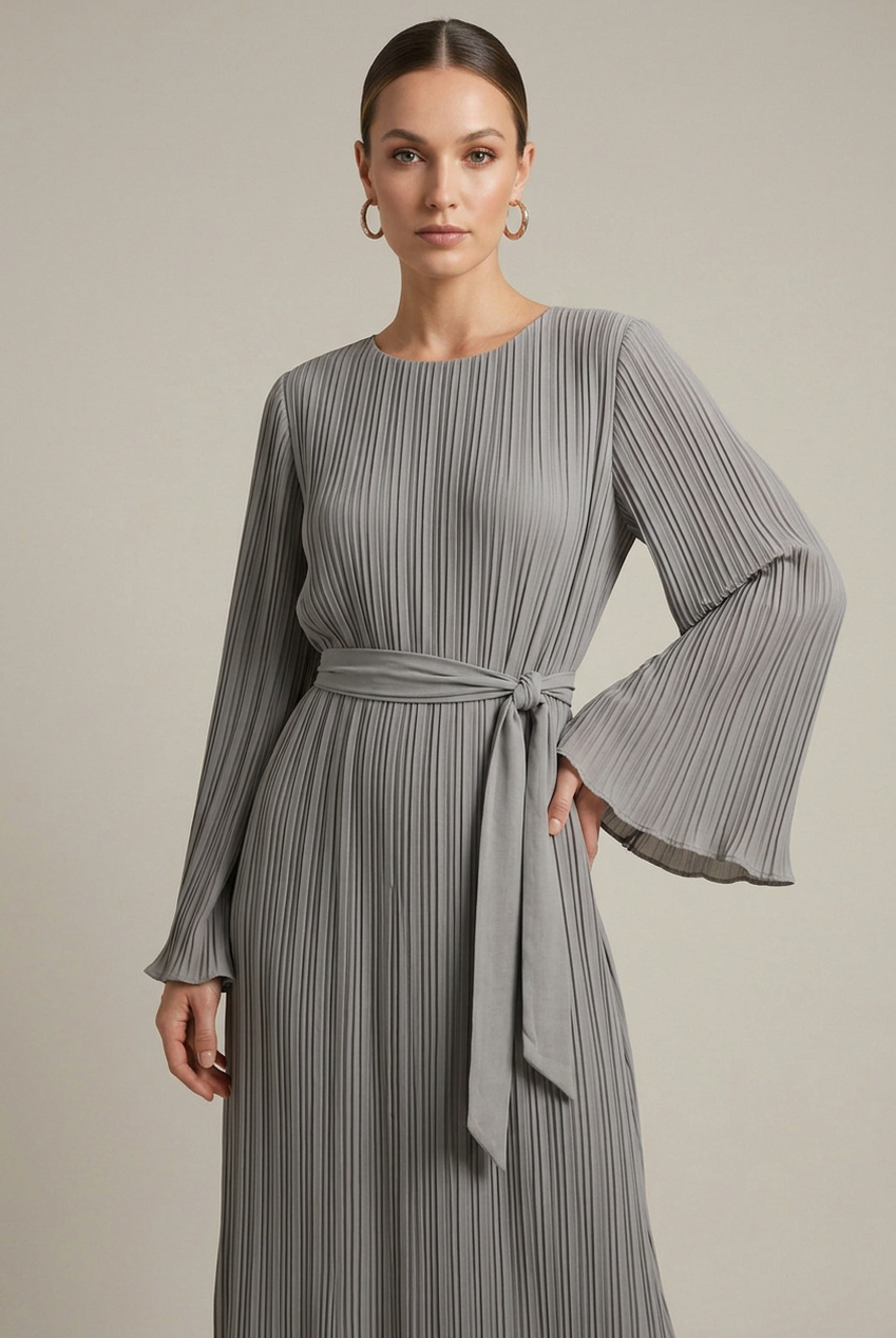 Pleated Belted Long Sleeve Dress