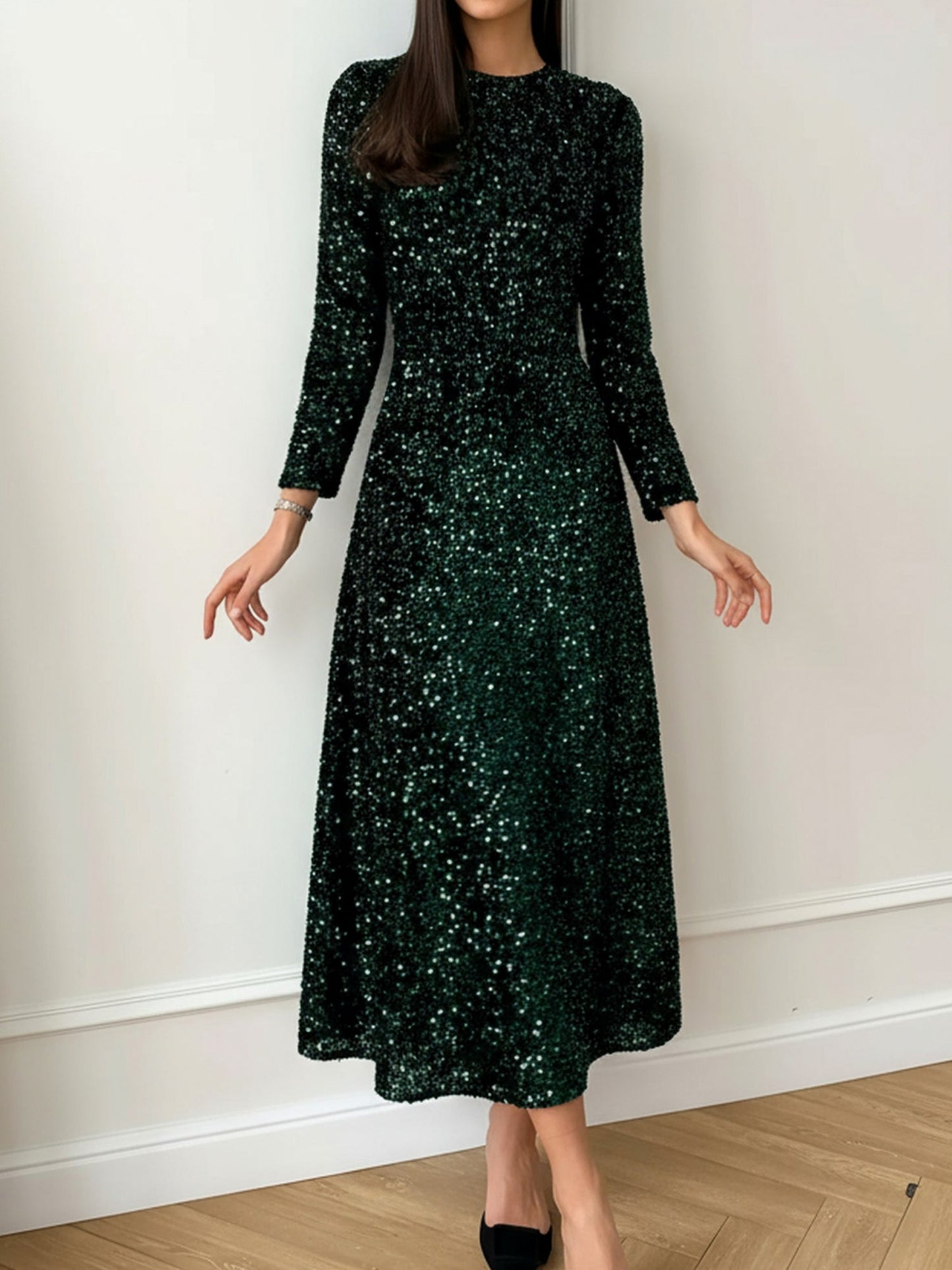 Sequin Long Sleeve Midi Dress