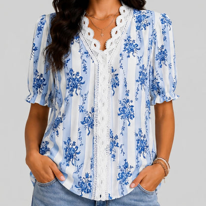 Floral Lace Trim Ruffle Blouse