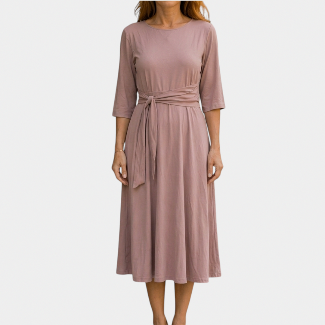 Belted 3/4 Sleeve Midi Dress