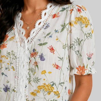 Floral Lace Trim Ruffle Blouse