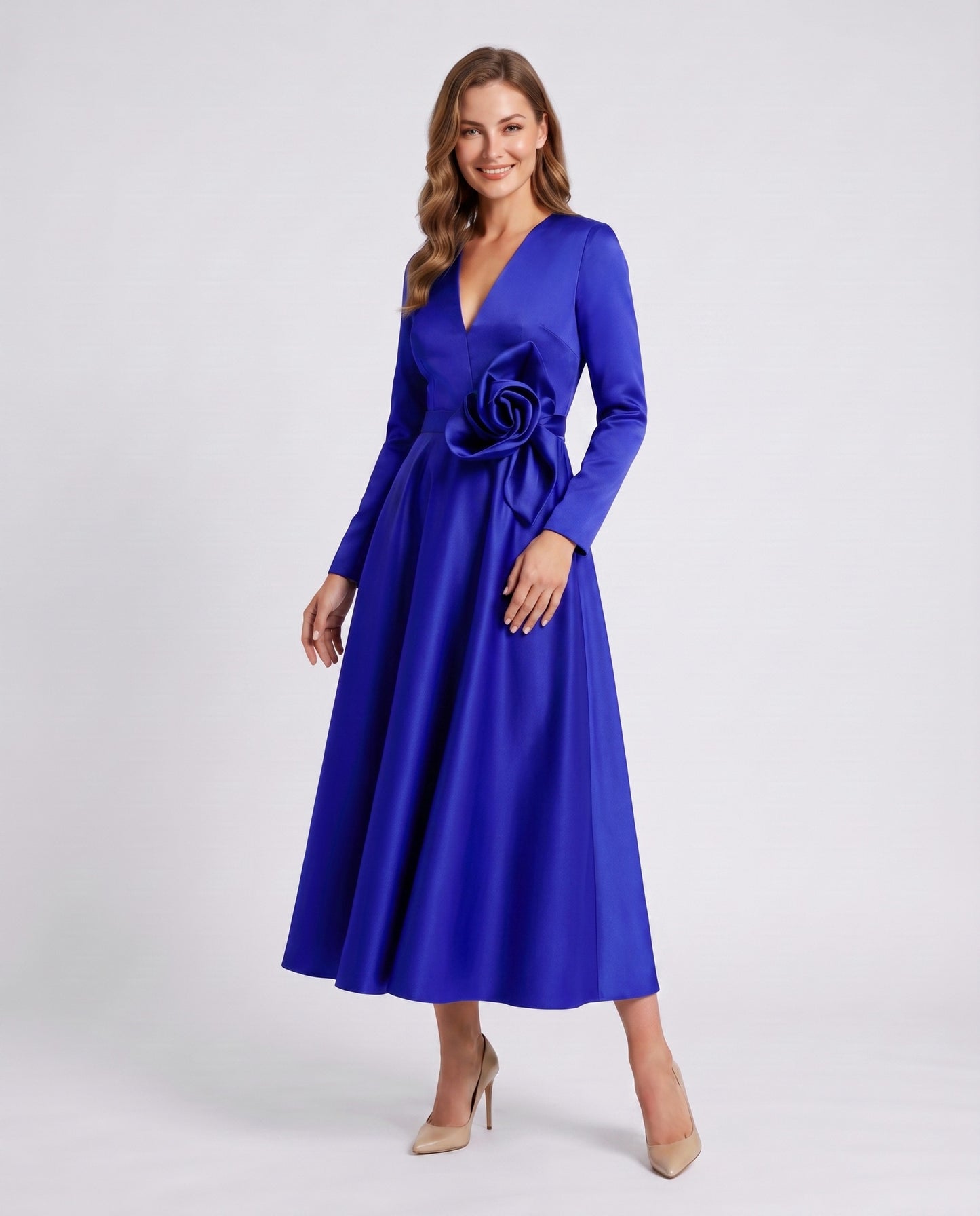 Satin Long Sleeve Midi Dress