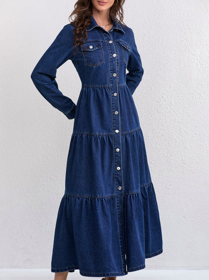 Denim Tiered Long Sleeve Maxi Dress