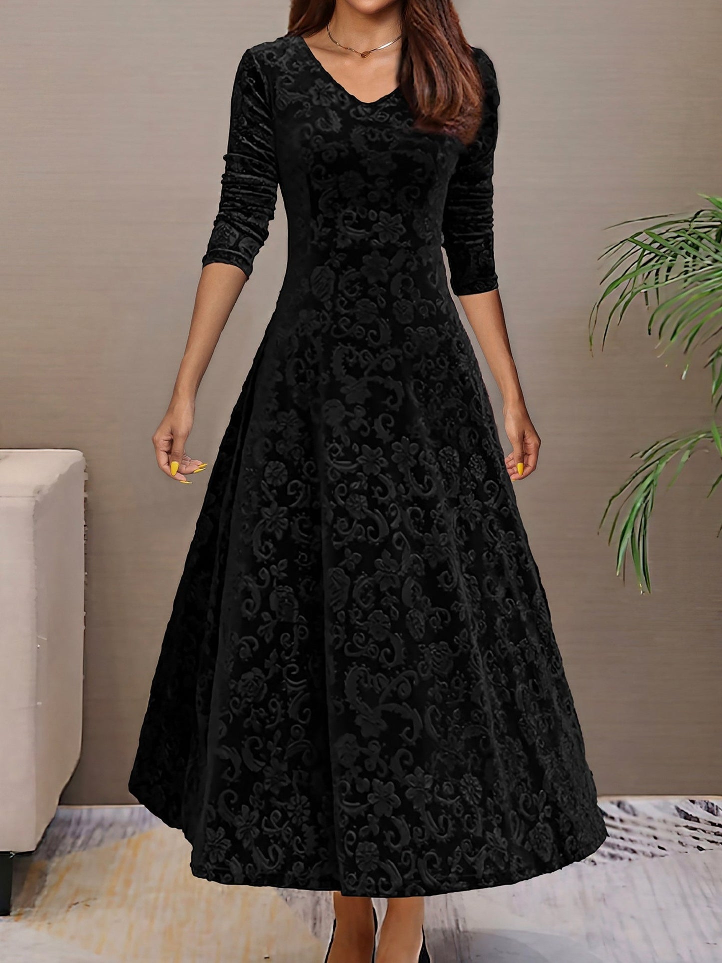 Textured Velvet Long Sleeve Maxi Dress