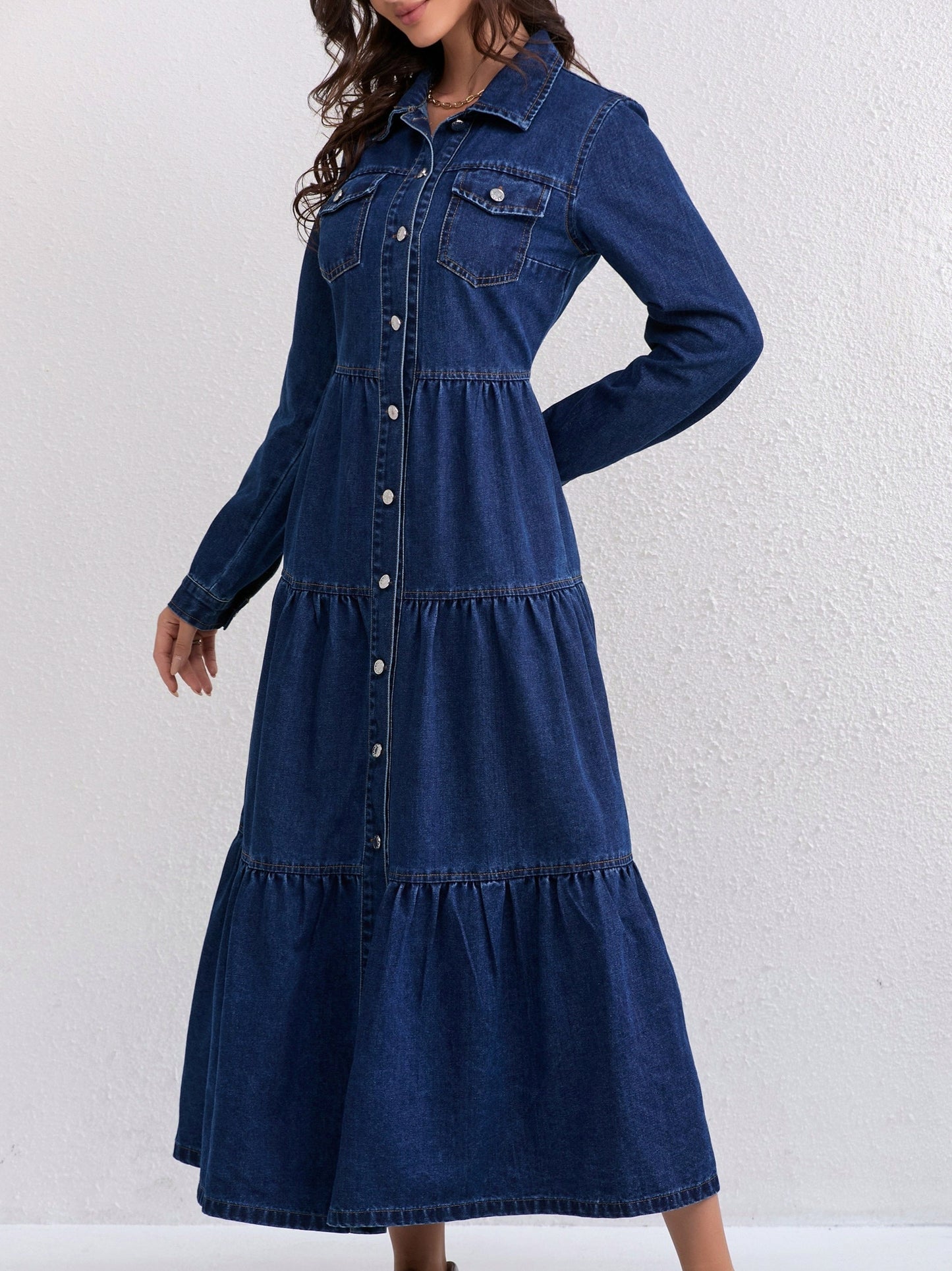 Denim Tiered Long Sleeve Maxi Dress
