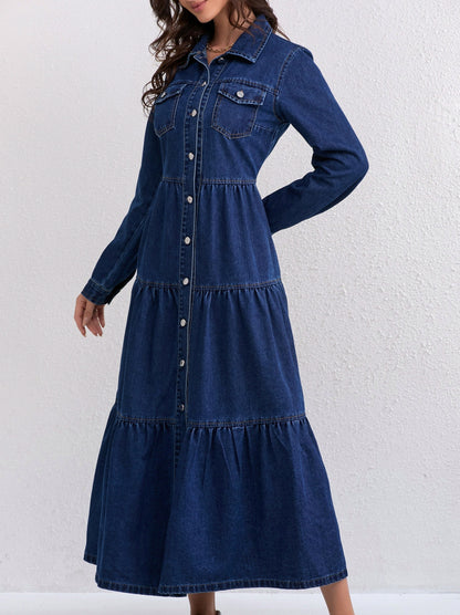 Denim Tiered Long Sleeve Maxi Dress