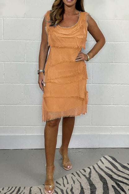 Relaxed Tiered Fringe Sleeveless Midi Dress