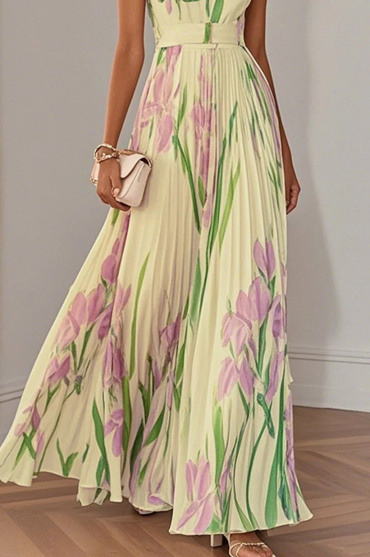 Floral Pleated Belted Maxi Dress