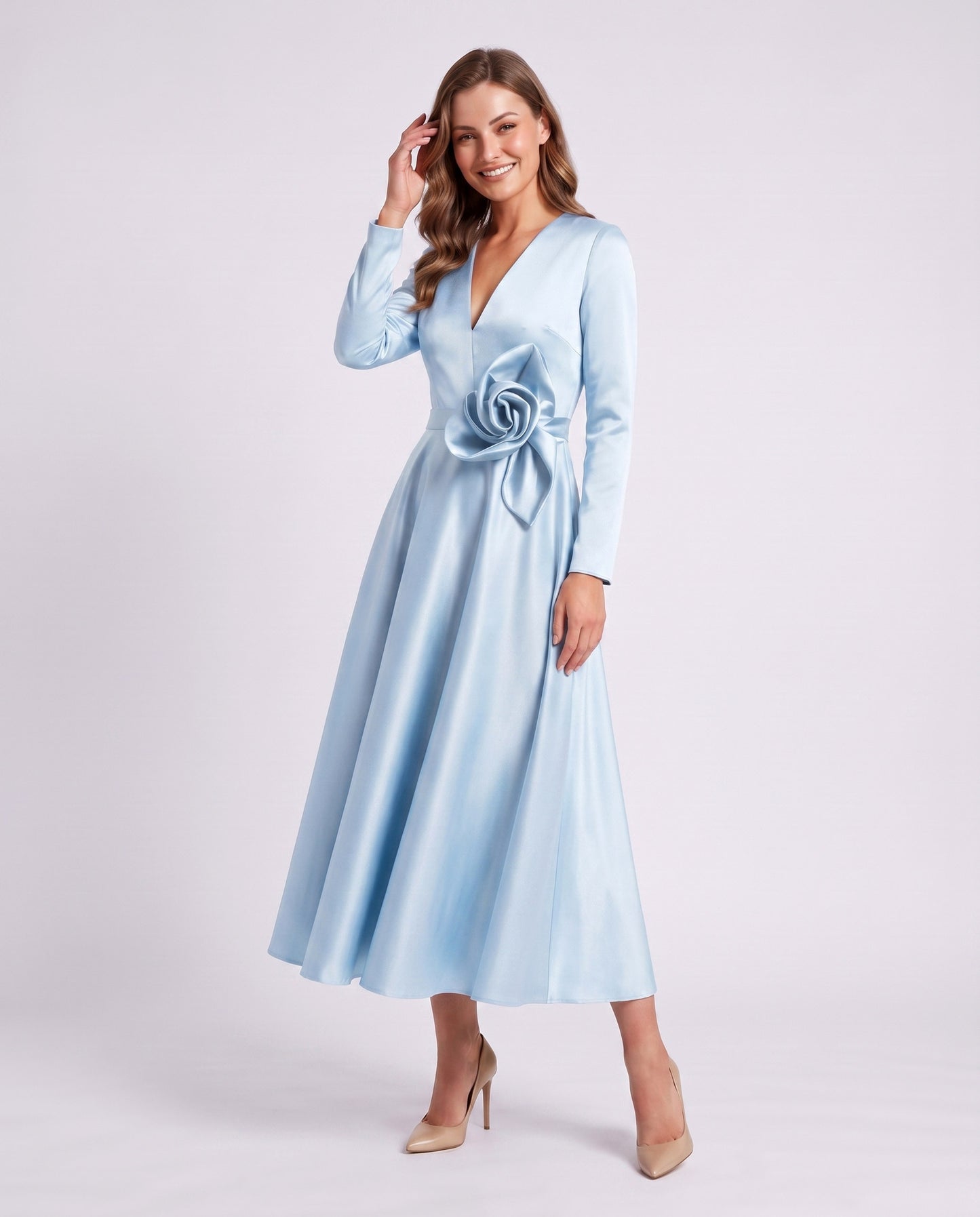 Satin Long Sleeve Midi Dress
