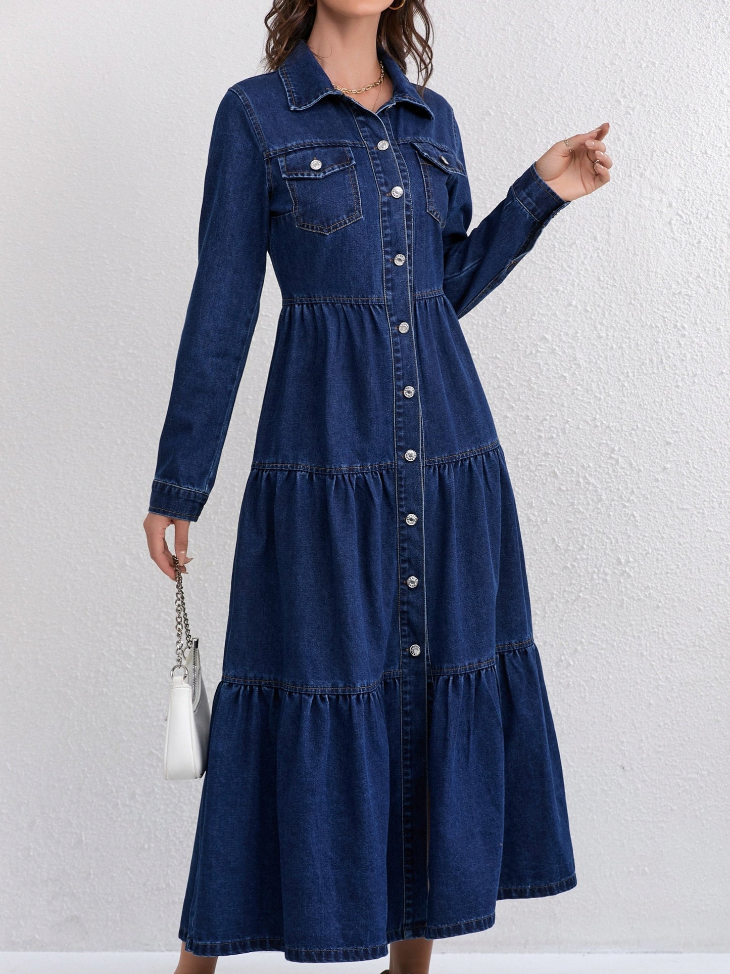 Denim Tiered Long Sleeve Maxi Dress