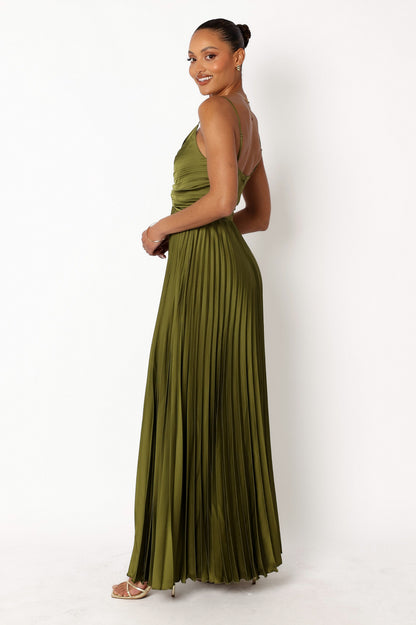 Satin Ruched Pleated Maxi Dress