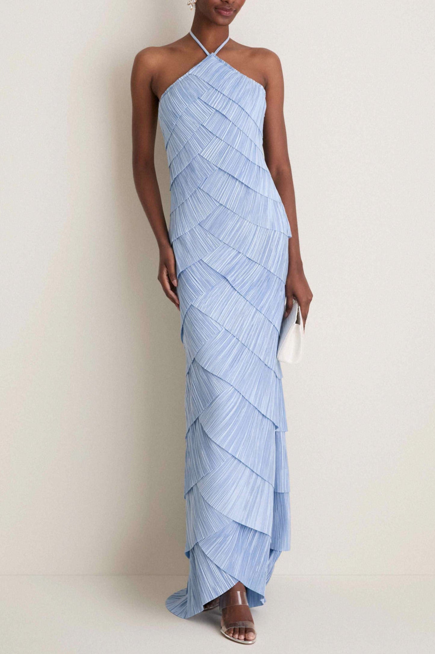 Pleated Tiered Halter Maxi Dress