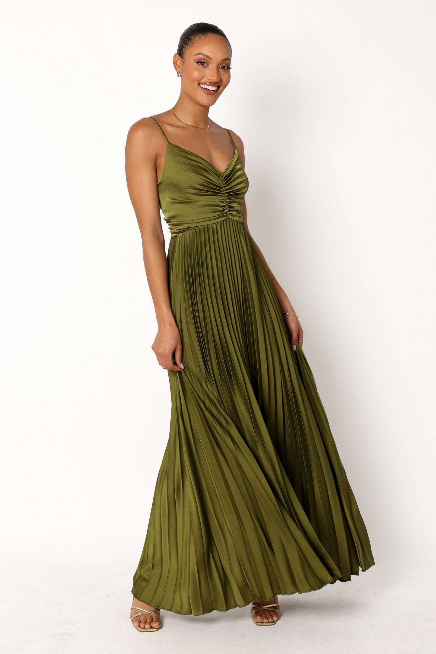 Satin Ruched Pleated Maxi Dress