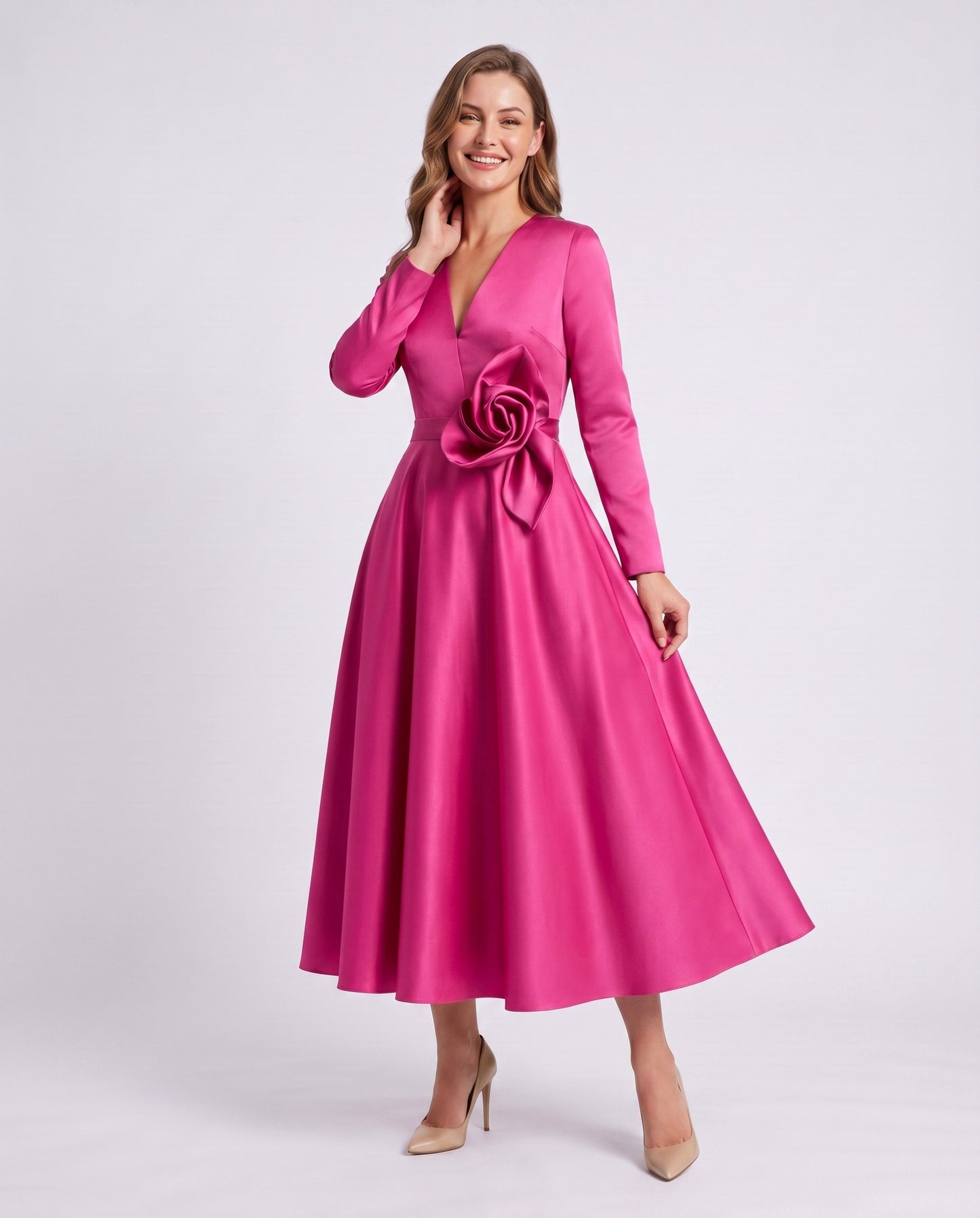 Satin Long Sleeve Midi Dress