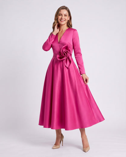 Satin Long Sleeve Midi Dress