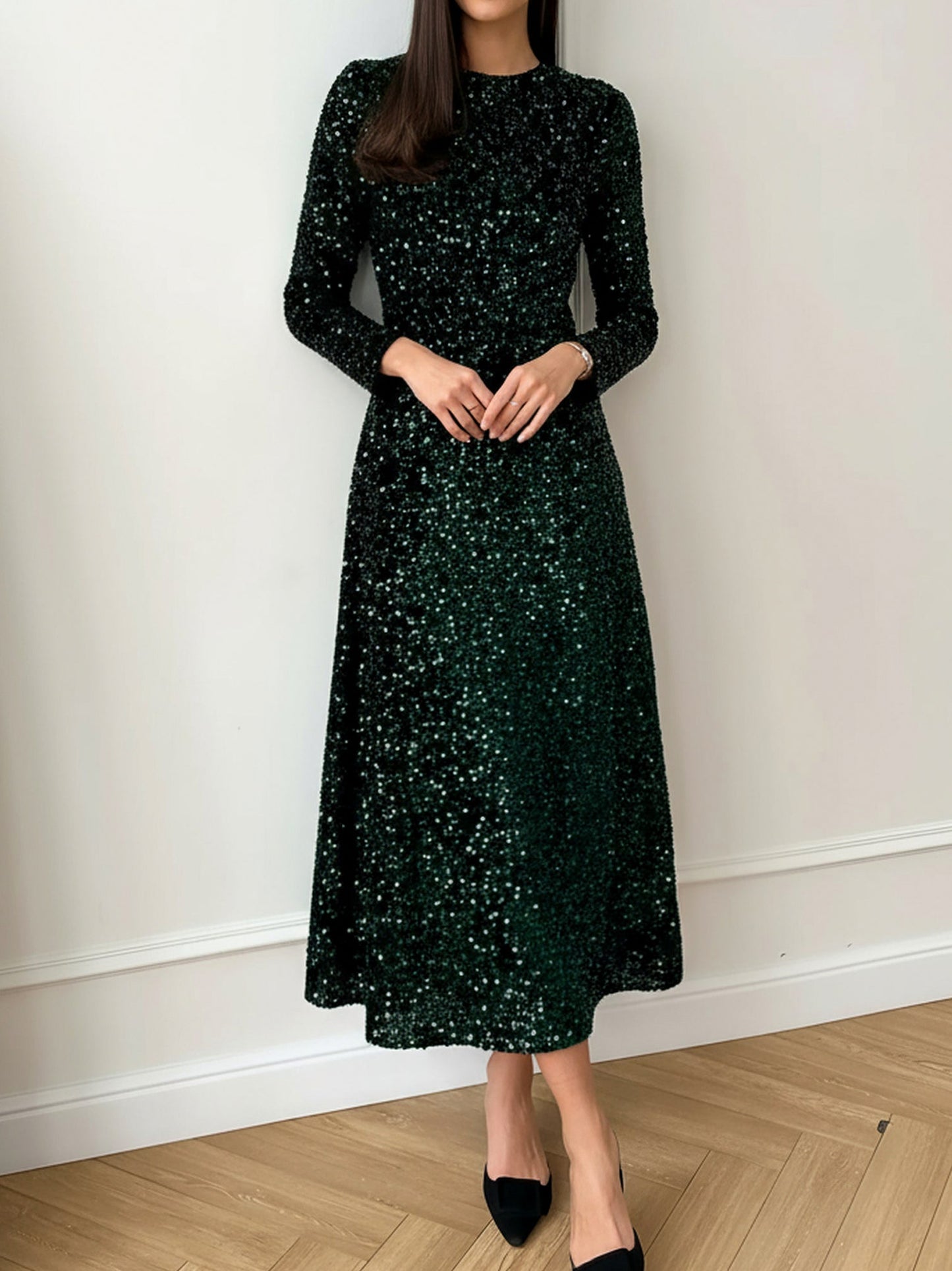 Sequin Long Sleeve Midi Dress