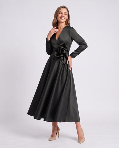 Satin Long Sleeve Midi Dress