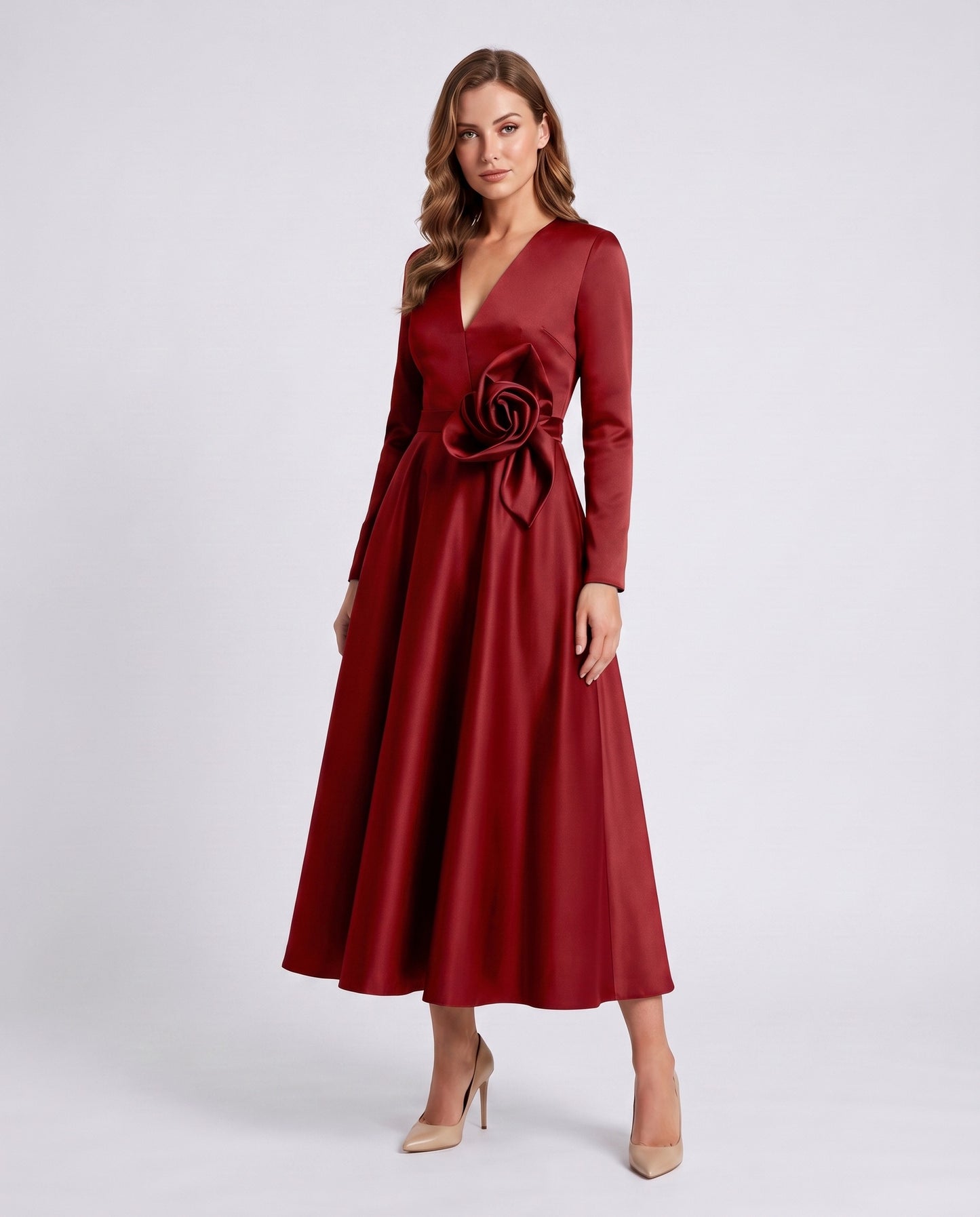 Satin Long Sleeve Midi Dress