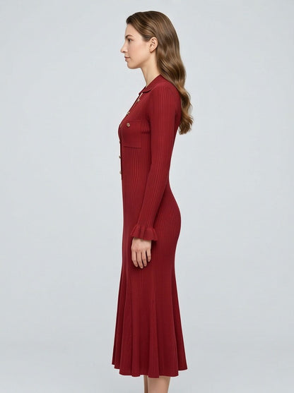 Ribbed Knit Button Front Midi Dress