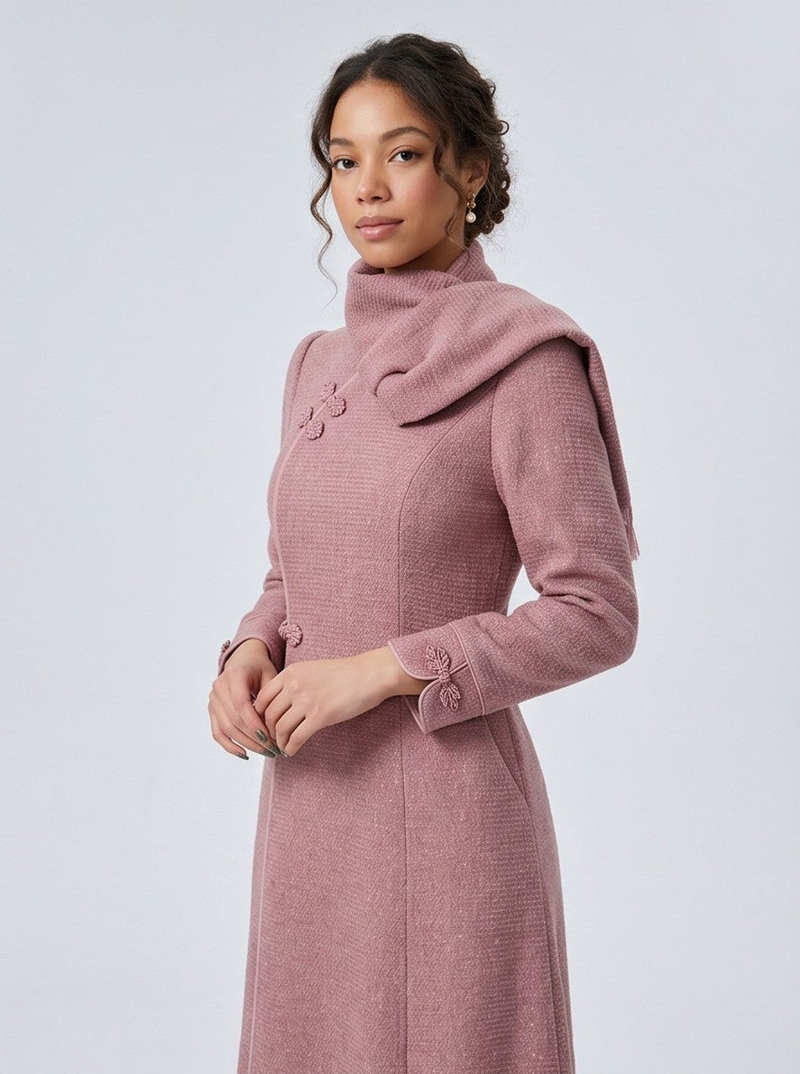 Pink Scarf Neck Long Sleeve Midi Dress